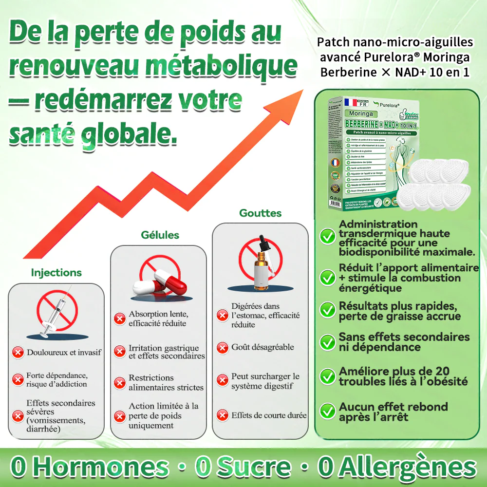 🏆 Recommandation n°1丨Purelora® Moringa Berbérine x NAD+ Patch Nano-Microneedle 10-en-1 Une application par jour, changements visibles dès 7 jours. Pour accompagner la gestion du poids, la fermeté de la peau et le bien-être global. - Image 11