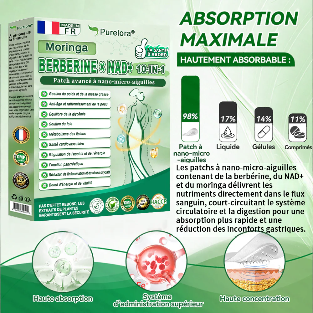🏆 Recommandation n°1丨Purelora® Moringa Berbérine x NAD+ Patch Nano-Microneedle 10-en-1 Une application par jour, changements visibles dès 7 jours. Pour accompagner la gestion du poids, la fermeté de la peau et le bien-être global. - Image 15
