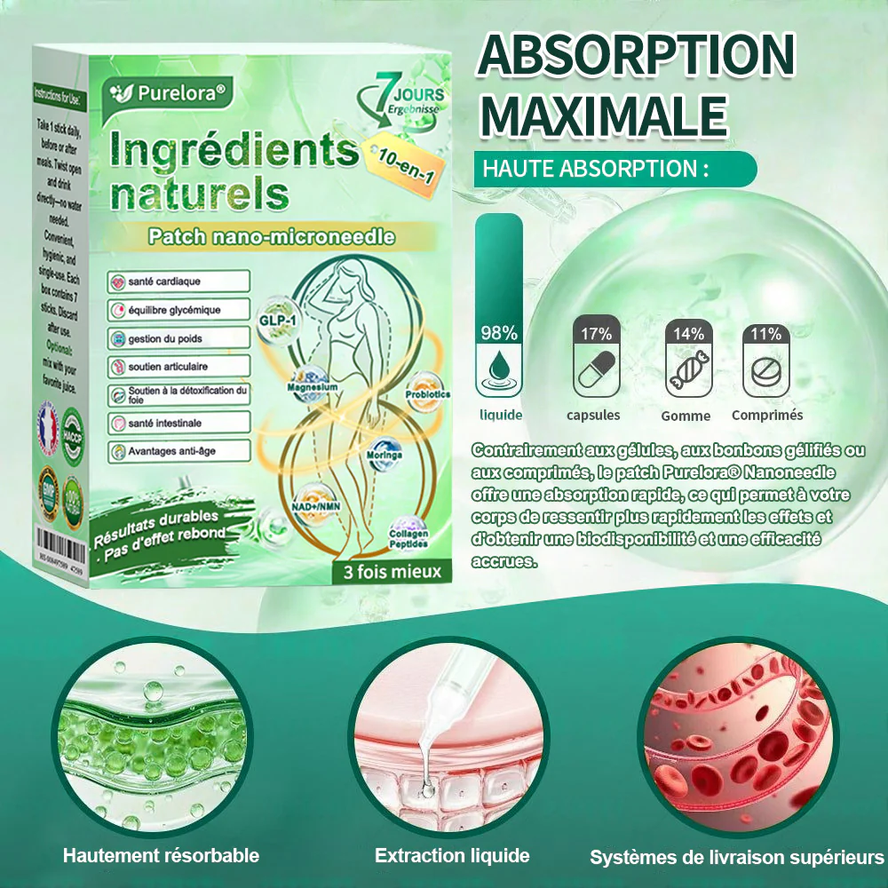 💖 𝑷𝒉𝒂𝒓𝒎𝒂𝒄𝒊𝒆 𝑶𝒇𝒇𝒊𝒄𝒊𝒆𝒍𝒍𝒆 💖 | Purelora® Patch Nano Microneedle 10-en-1 aux ingrédients naturels ✅ Aide à gérer le poids, soutient cœur, glycémie, intestin & articulations, raffermit la peau et booste l’énergie. - Image 5
