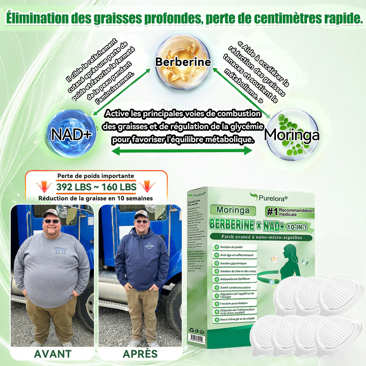 🔥 Nouveauté 2026丨 Purelora® Moringa Berbérine x NAD+ Patch Nano-Microneedle 10-en-1 Une application par jour, changements visibles dès 7 jours. Pour accompagner la gestion du poids et le bien-être global. - Image 4